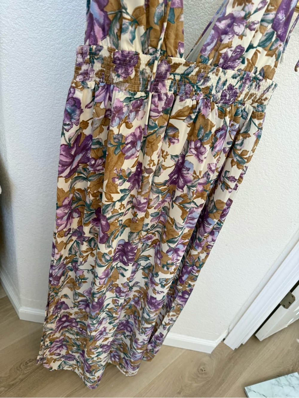 Lush Floral V-Neck Maxi Dress in Purple, Tan & Cream - Picture 3 of 3